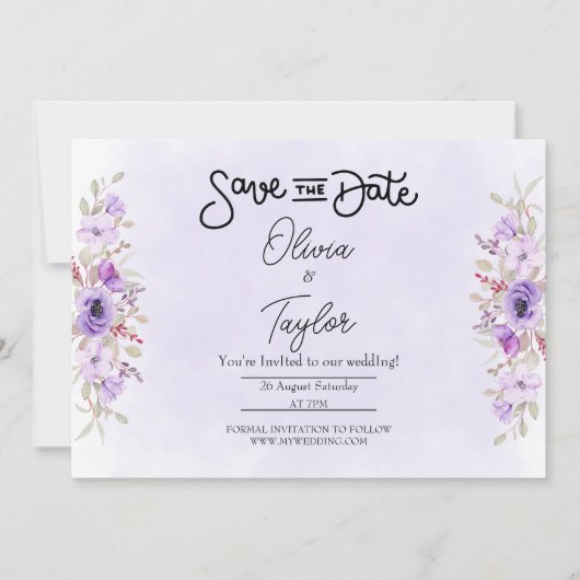 Elegant Purple Floral Wedding Save the Date 招待状 (正面)