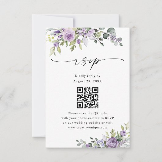 Elegant Purple Floral Wedding Website QR Code 出欠カード (正面)