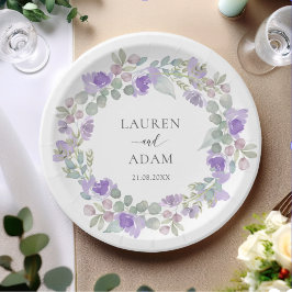 Elegant Purple Floral Wreath Wedding ペーパープレート