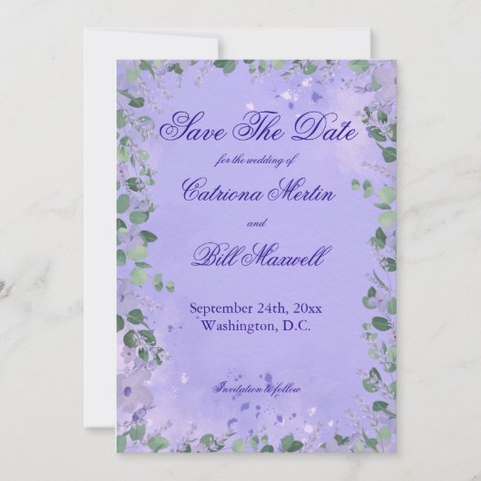 Elegant Purple Florals Wedding Save The Date Card 招待状 (正面)