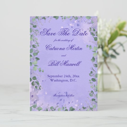 Elegant Purple Florals Wedding Save The Date Card 招待状 (スタンド正面)