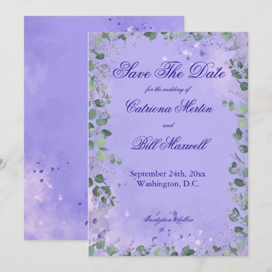 Elegant Purple Florals Wedding Save The Date Card 招待状 (正面/裏面)