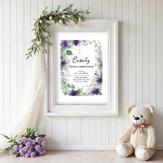 Elegant Purple Garland Floral Baby Newborn Birth ポスター