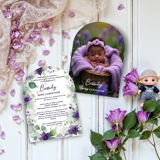 Elegant Purple Garland Floral Photo Baptism Baby 招待状