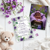 Elegant Purple Garland Floral Photo Baptism Baby 招待状