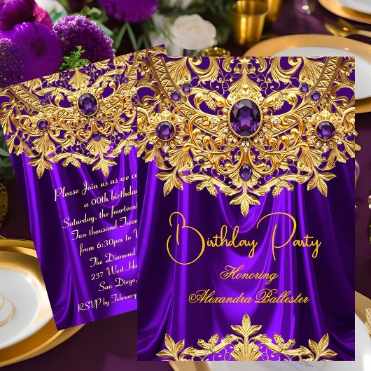 Elegant Purple gems Gold Lace Damask Birthday 招待状