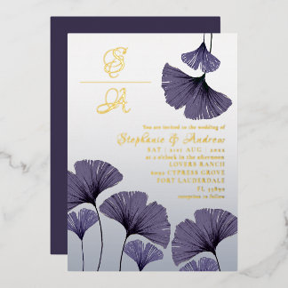 Elegant Purple Ginkgo Foliage Wedding Invitation 箔招待状