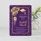 Elegant Purple Gold Balloons Graduation Party 招待状 (スタンド正面)
