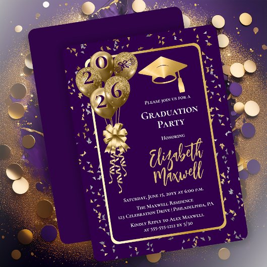 Elegant Purple Gold Balloons Graduation Party 招待状