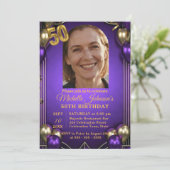 Elegant Purple & Gold Balloons Photo 50th Birthday 招待状 (スタンド正面)