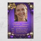 Elegant Purple & Gold Balloons Photo 50th Birthday 招待状 (正面)
