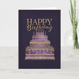 Elegant Purple & Gold Birthday Cake カード