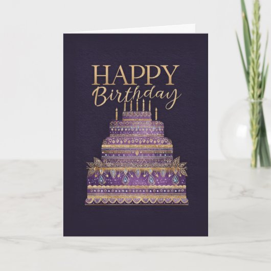 Elegant Purple & Gold Birthday Cake カード (正面)