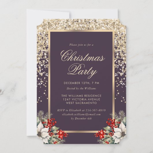 Elegant Purple Gold Botanical Christmas Party 招待状 (正面)