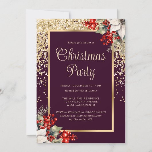 Elegant Purple Gold Botanical Christmas Party 招待状 (正面)