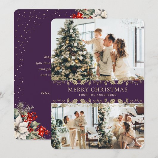 Elegant Purple Gold Botanical Photo Christmas Card シーズンカード (正面/裏面)