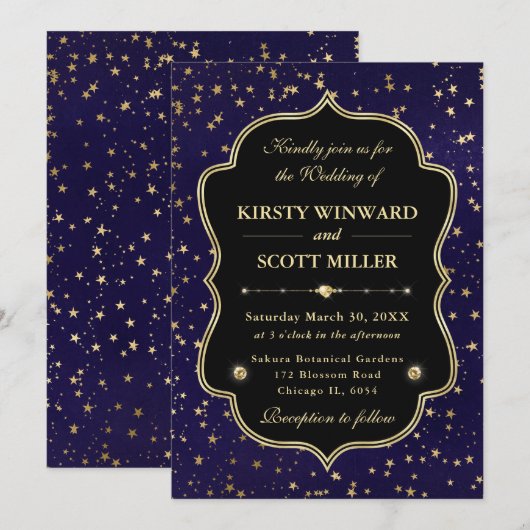 Elegant Purple & Gold Celestial Starry Wedding 招待状 (正面/裏面)