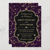 Elegant Purple & Gold Celestial Starry Wedding 招待状 (正面/裏面)