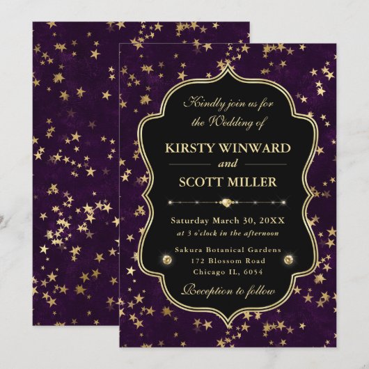 Elegant Purple & Gold Celestial Starry Wedding 招待状 (正面/裏面)