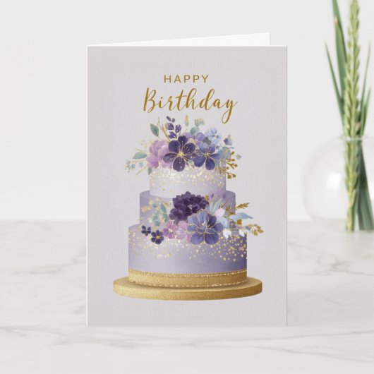 Elegant Purple & Gold Floral Birthday Cake カード (正面)