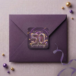 Elegant Purple Gold Glam 50th Birthday Party スクエアシール