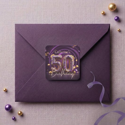 Elegant Purple Gold Glam 50th Birthday Party スクエアシール
