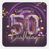 Elegant Purple Gold Glam 50th Birthday Party スクエアシール (正面)