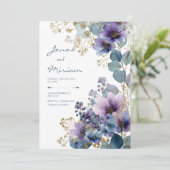 Elegant Purple Gold Glitter Floral Eucalyptus 招待状 (スタンド正面)