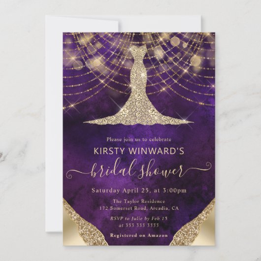 Elegant Purple Gold Gown Bridal Shower 招待状 (正面)