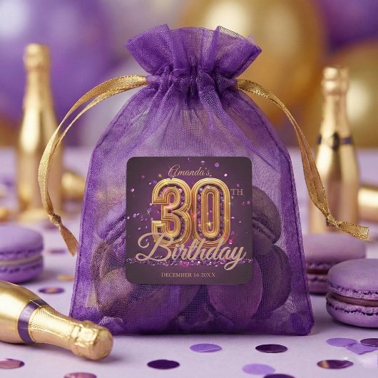 Elegant Purple Gold Jewel 30th Birthday Party スクエアシール
