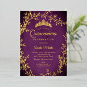 Elegant Purple Gold Leaf Wreath Quinceanera 箔招待状 (立ち正面)