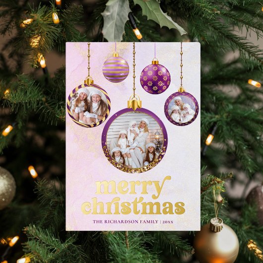 Elegant Purple & Gold Ornament Photo Christmas  箔シーズンカード