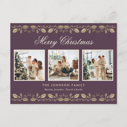Elegant Purple Gold Photo Merry Christmas シーズンポストカード (正面)