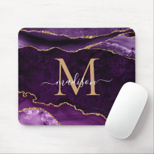 Elegant Purple Gold Sparkle Agate Geode Monogram マウスパッド