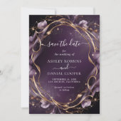 Elegant Purple Golden Floral Frame Save The Date 招待状 (正面)