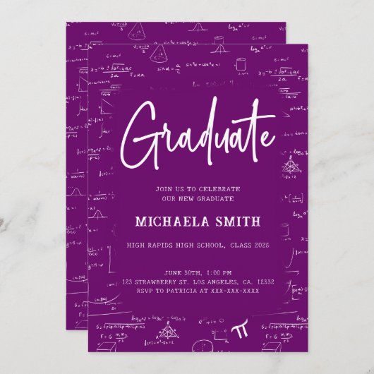 Elegant Purple Graduate Math Graduation 招待状 (正面/裏面)