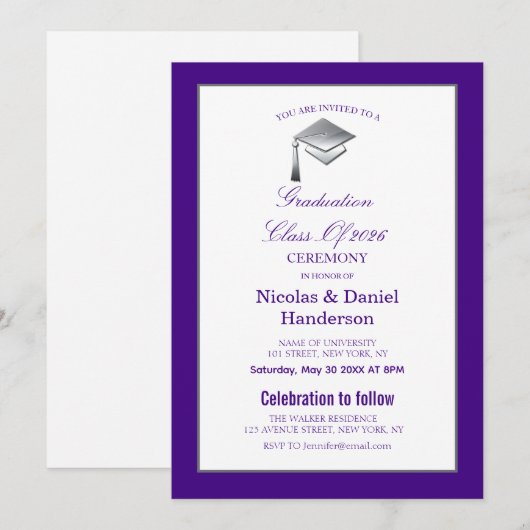 Elegant purple graduation ceremony invitation 招待状 (正面/裏面)