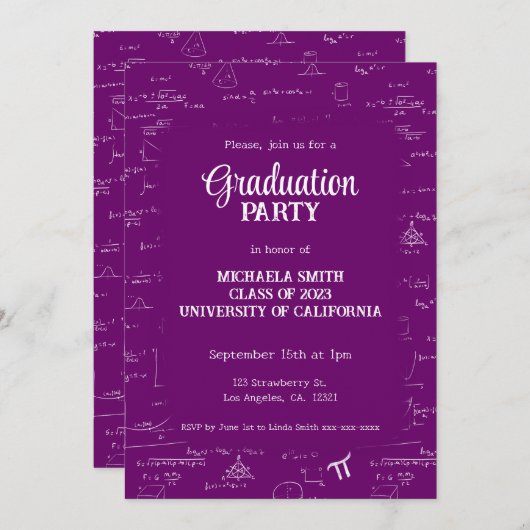 Elegant Purple Hand-Lettering Math Graduation 招待状 (正面/裏面)