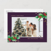 Elegant Purple Holly Photo Merry Christmas シーズンポストカード (正面/裏面)