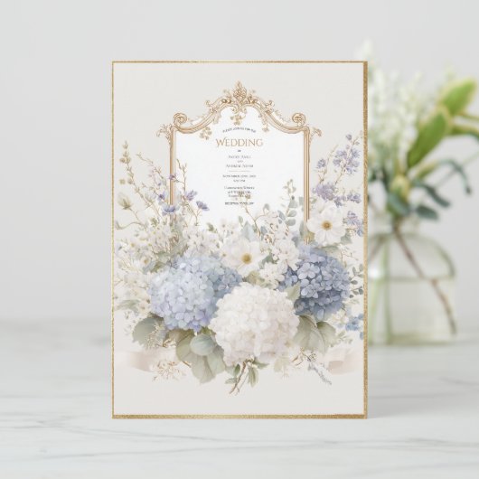 Elegant Purple Hydrangeas Vintage Wedding 招待状 (スタンド正面)