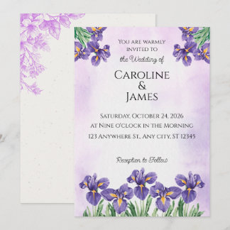 Elegant Purple Iris Watercolor Floral Wedding Invi 招待状