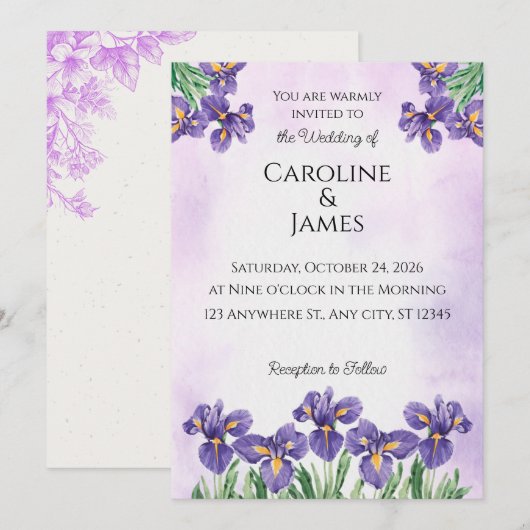 Elegant Purple Iris Watercolor Floral Wedding Invi 招待状 (正面/裏面)