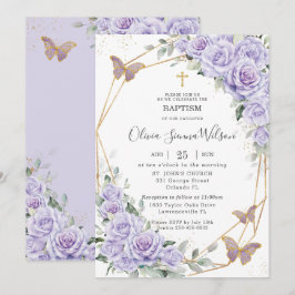 Elegant Purple Lavender Floral Baptism Christening 招待状