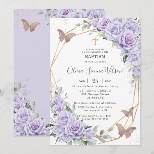 Elegant Purple Lavender Floral Baptism Christening 招待状 (正面/裏面)