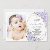 Elegant Purple Lavender Roses Floral Baptism Photo 招待状 (正面)