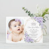 Elegant Purple Lavender Roses Floral Baptism Photo 招待状 (スタンド正面)