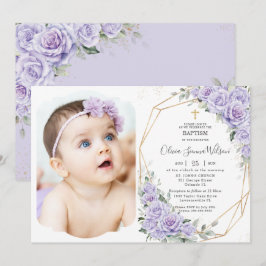 Elegant Purple Lavender Roses Floral Baptism Photo 招待状
