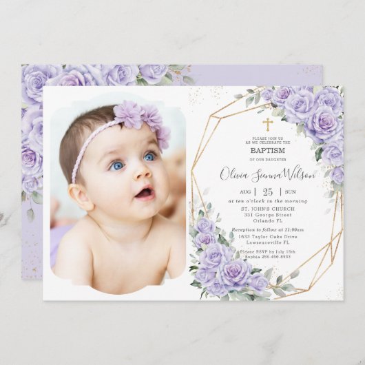 Elegant Purple Lavender Roses Floral Baptism Photo 招待状 (正面/裏面)