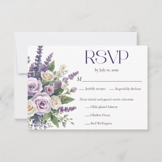 Elegant Purple Lavender Roses Wedding Meal Choice 出欠カード (正面)