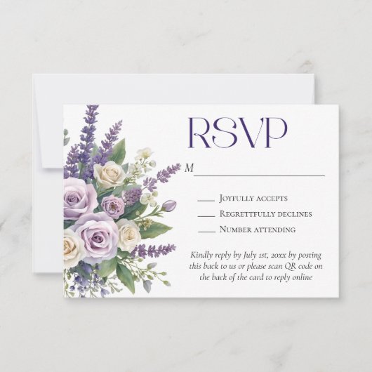 Elegant Purple Lavender Roses Wedding QR Code 出欠カード (正面)